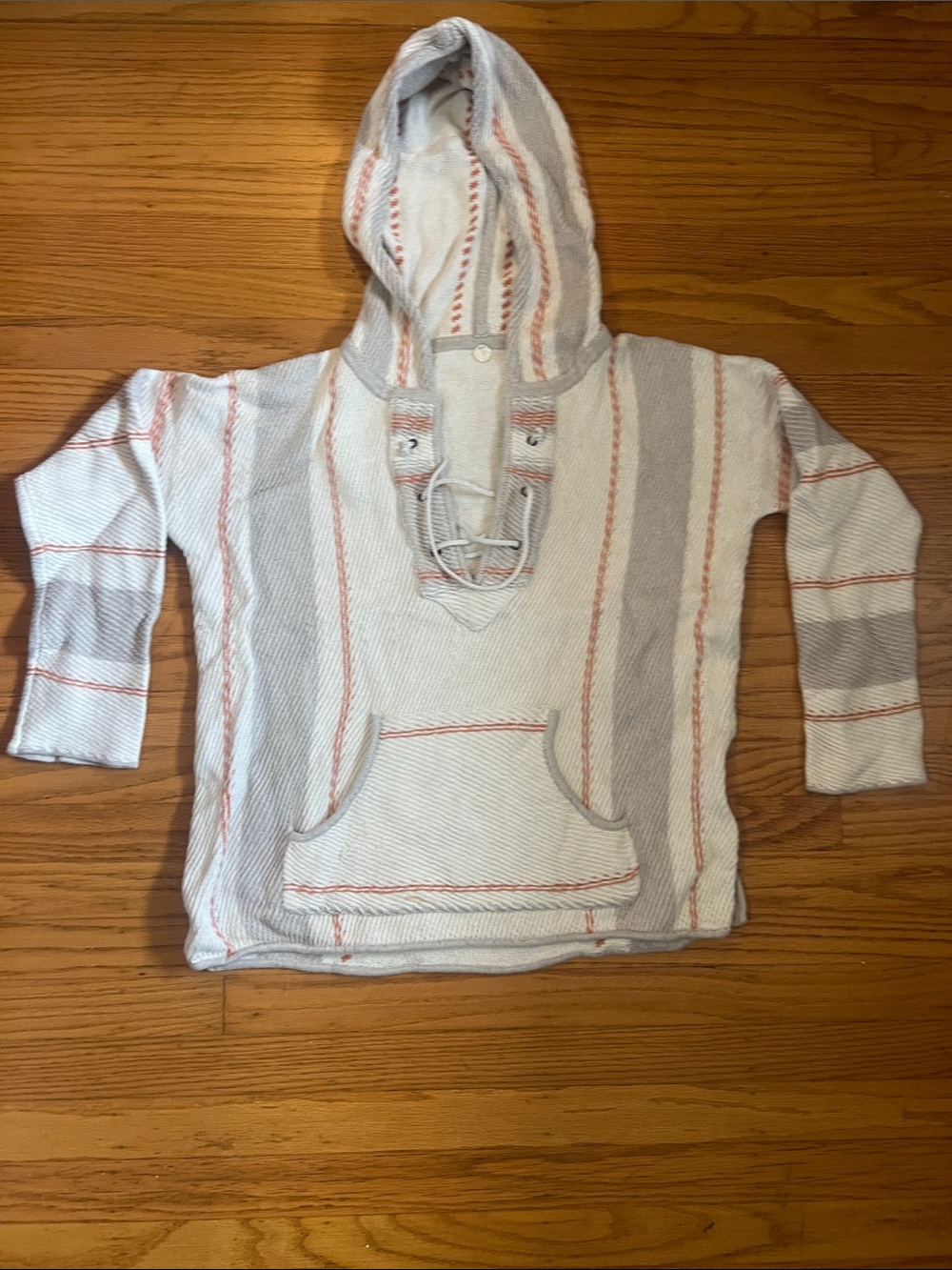 Unisex Hooded Baja Pullover Shirt - White with Gray & Coral Stripes. Super Soft!